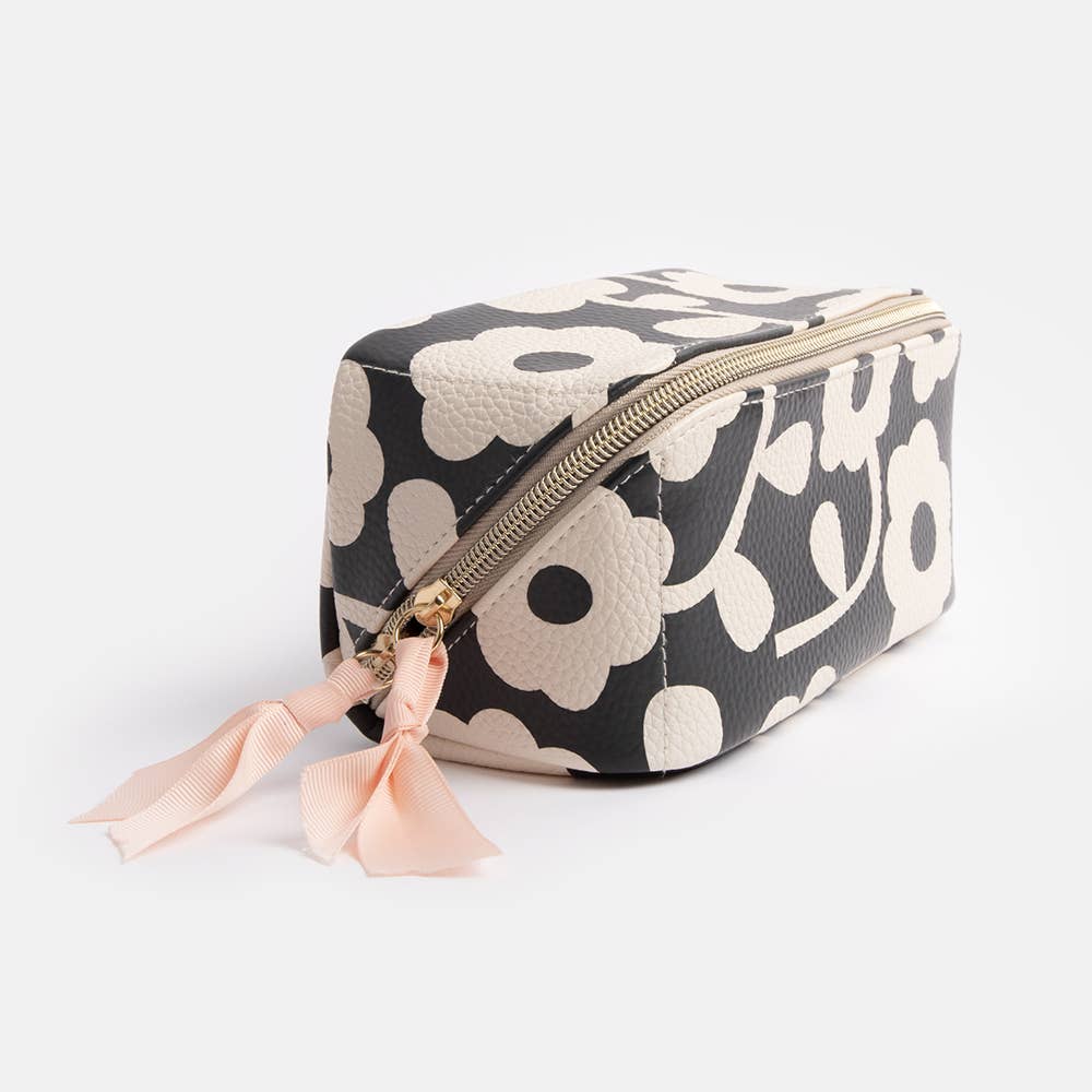 Charcoal Mono Flower Diagonal Cosmetic Bag - Bella Boutique