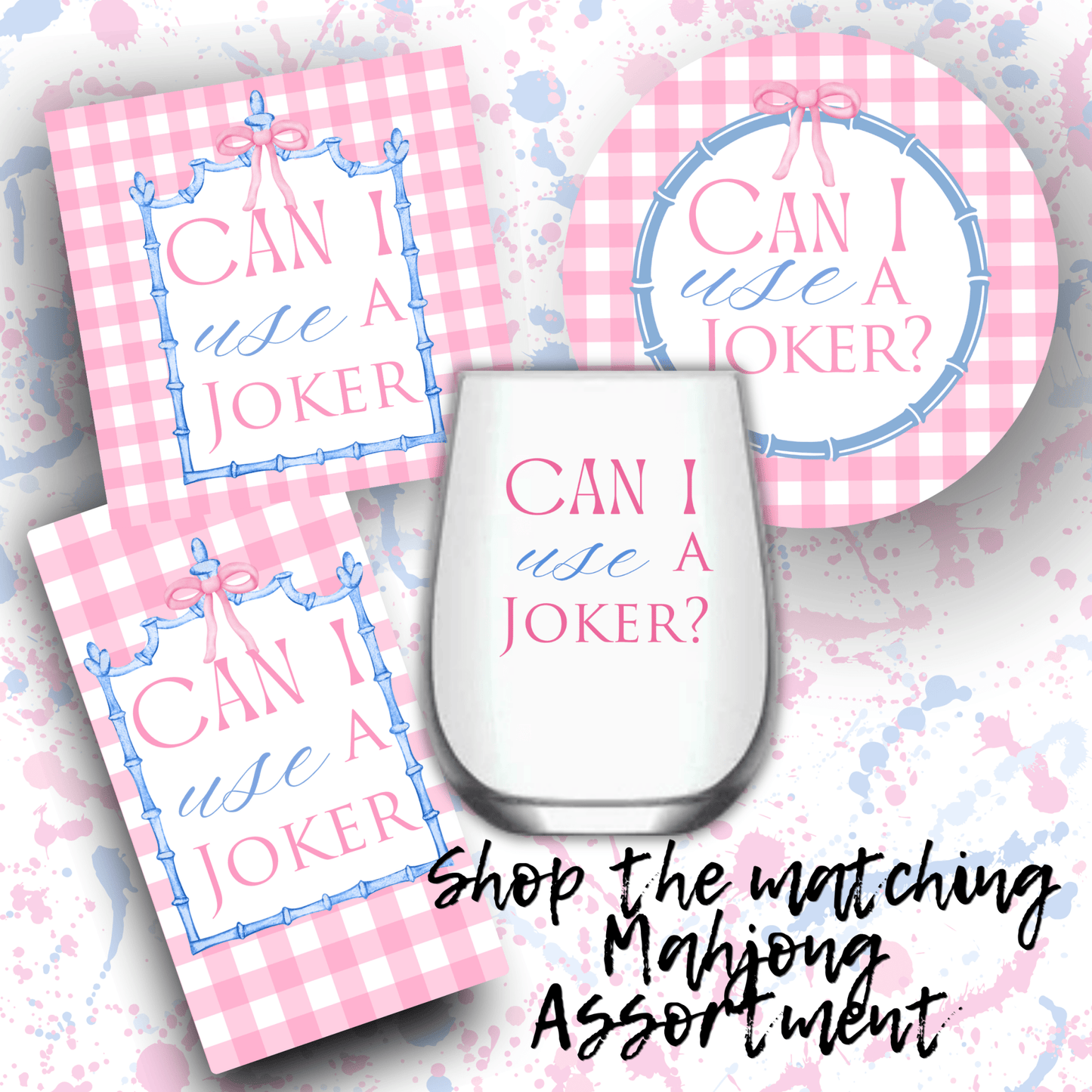 Mahjong Stemless 4ct Set Wine Glasses "Can I Use a Joker" - Bella Boutique