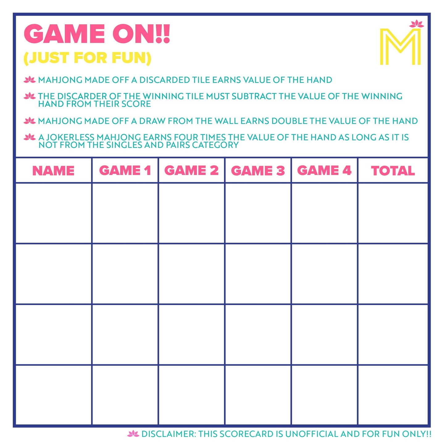 MAHJONG SCORECARD NOTEPAD WITH RULES - Bella Boutique