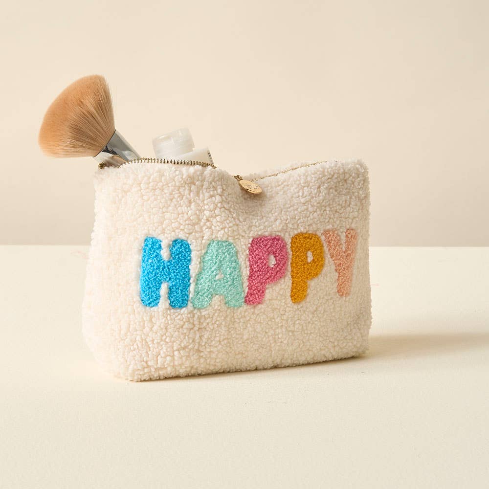 Cream Teddy Pouch - Happy - Bella Boutique