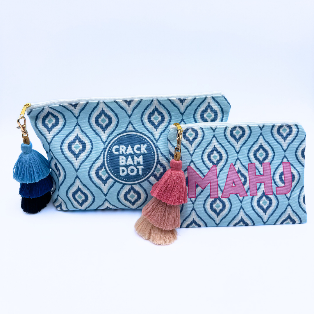 Mahjong Tile & Accessory Bag| Blue Navy Crack Bam Dot