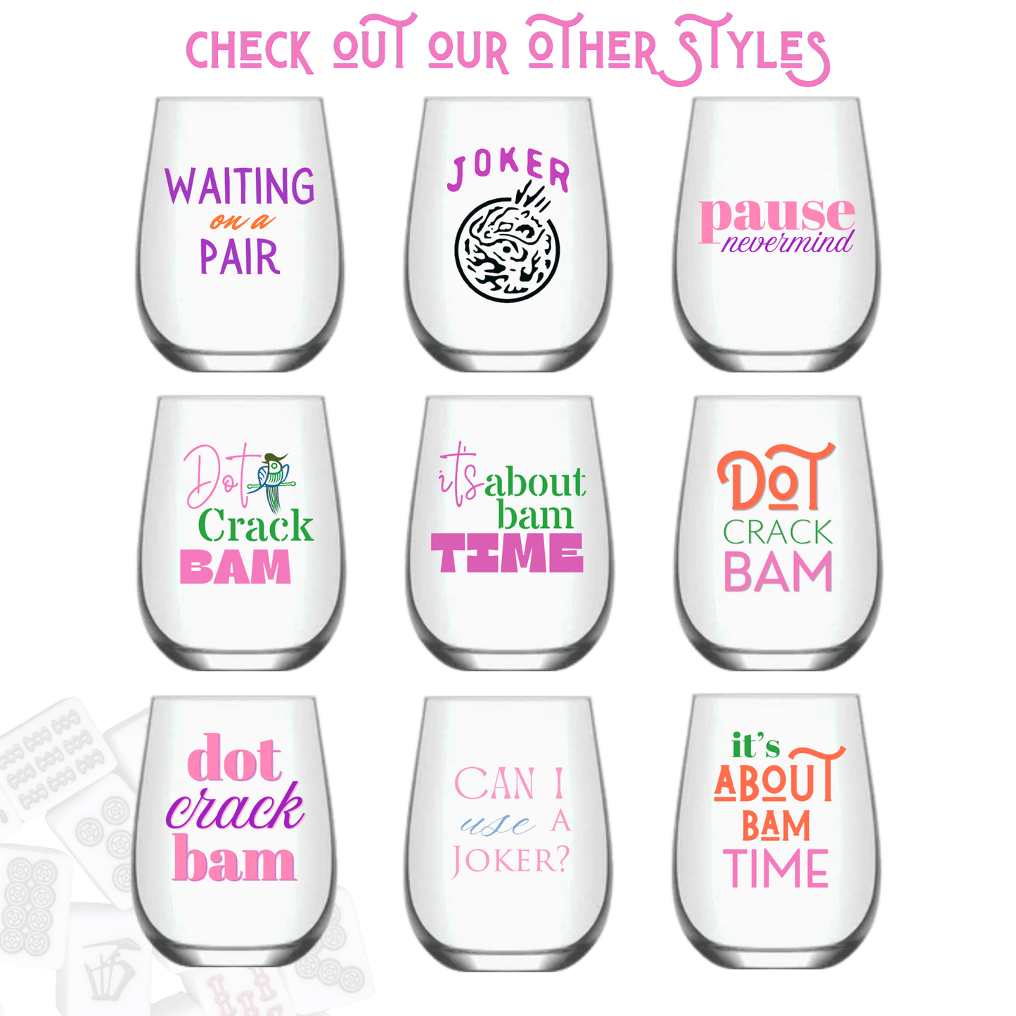 Mahjong Stemless 4 ct VARIETY Gift Set Plastic Wine Glasses - Bella Boutique