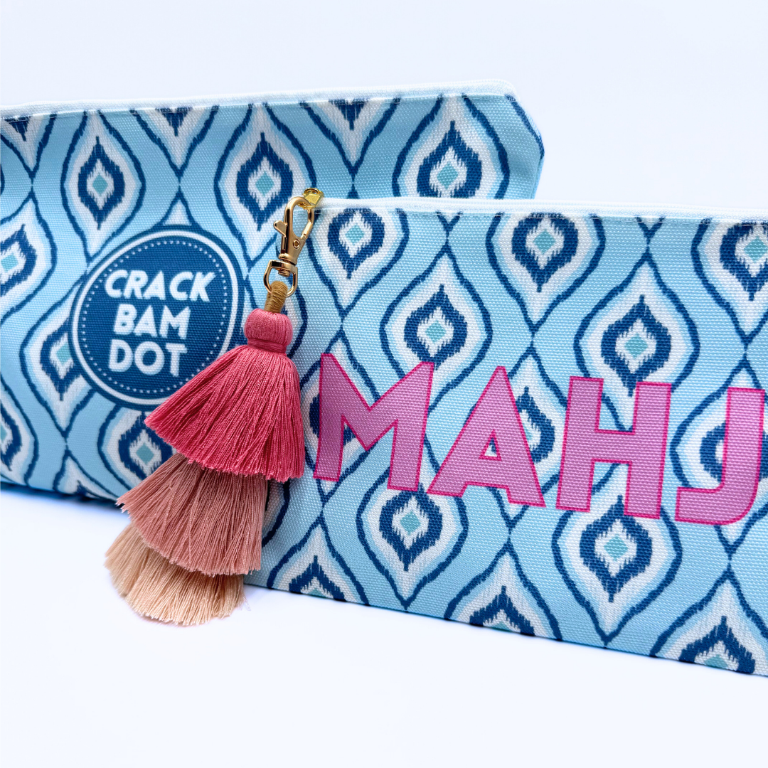 Mahjong Tile & Accessory Bag| Blue Navy Crack Bam Dot