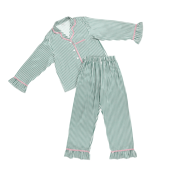 Ruffled PJ Set - Ivory + Green Stripes with Pink Rick Rack Trim - Bella Boutique