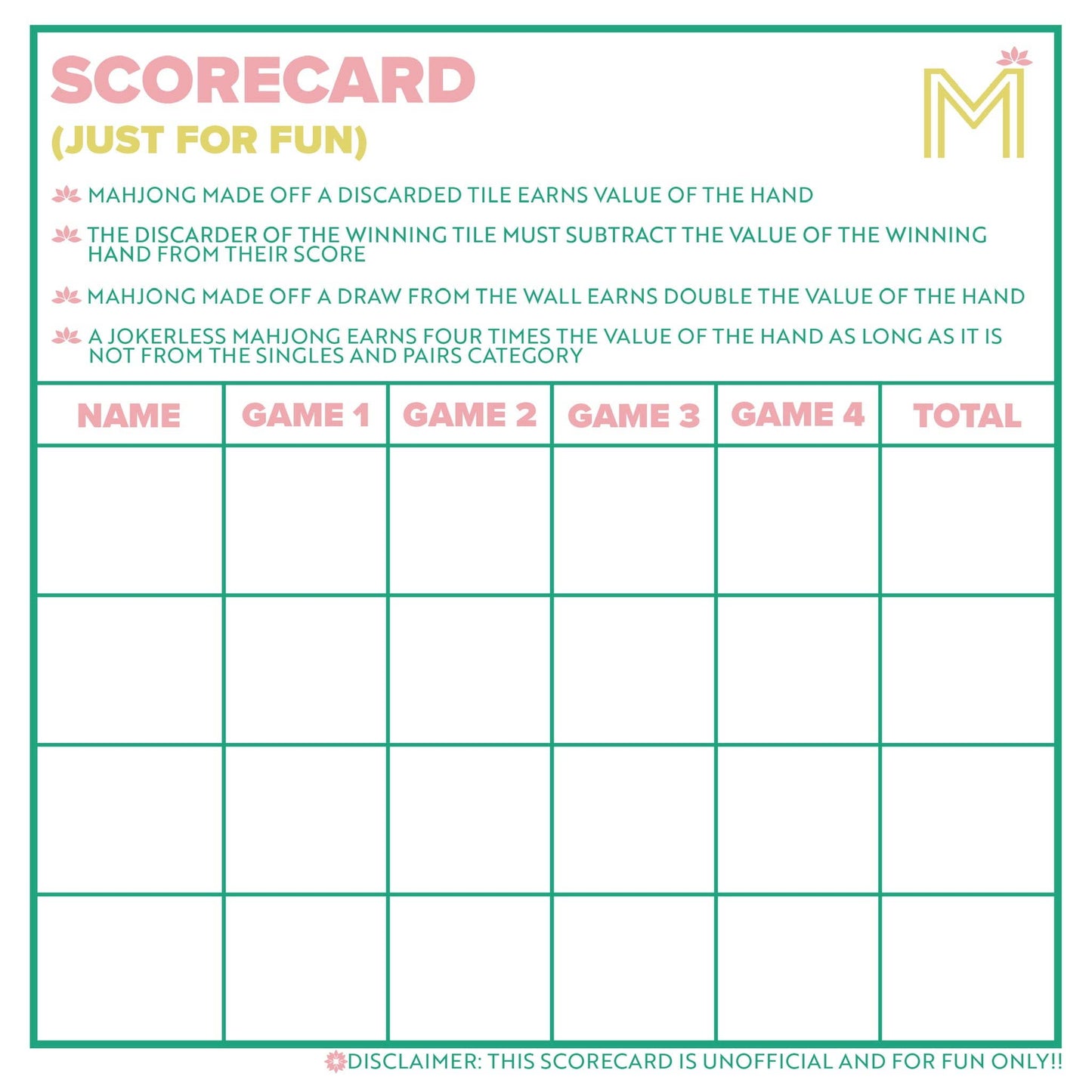 MAHJONG SCORECARD NOTEPAD WITH RULES - Bella Boutique