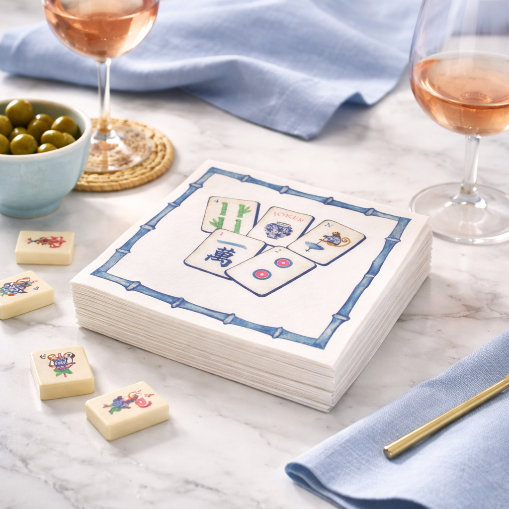 Linen-Feel Cocktail Napkins, Preppy Mahjong  - Bella Boutique