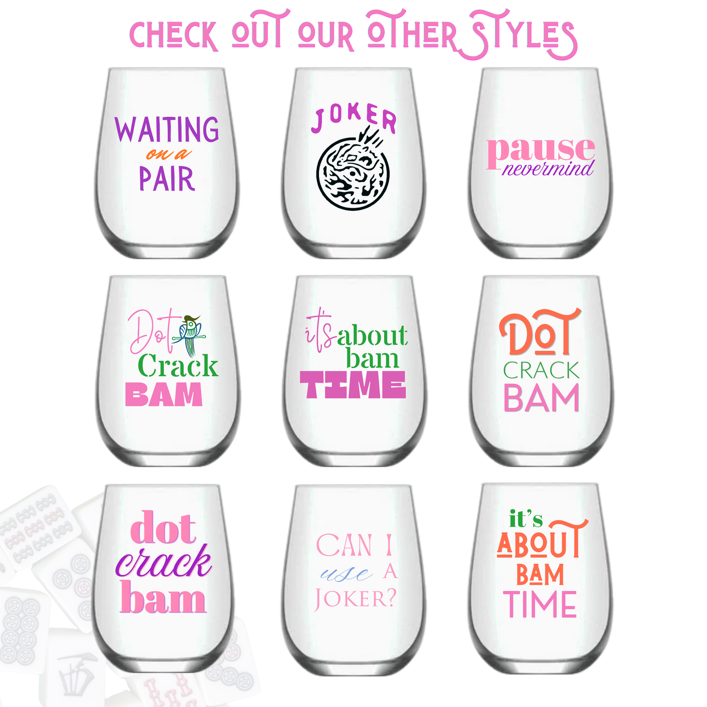 Mahjong Stemless 4 ct Set Wine Glasses "Dot Crack Bam"
