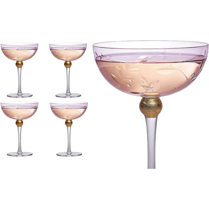 Colored Coupe Art Deco Glasses, Gold | Set of 4 | 8 oz Classic Cocktail Glassware for Champagne, Martini, Manhattan, Sidecar, Crystal Speakeasy Style Goblets Stems (Pink)