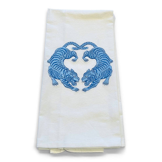 Towel - Twin Tigers Chinoiserie - Blue on white - Bella Boutique
