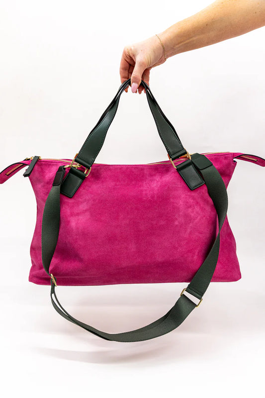 Bright Pink/Olive Suede Carryall - Bella Boutique
