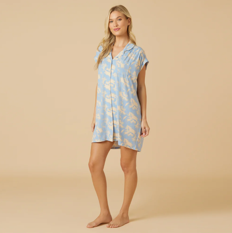 Caftan Mini Sleep Shirt Sky Blue Floral - Bella Boutique