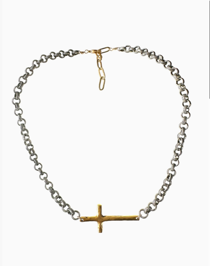 Silver Chain Gold Cross Necklace - Bella Boutique