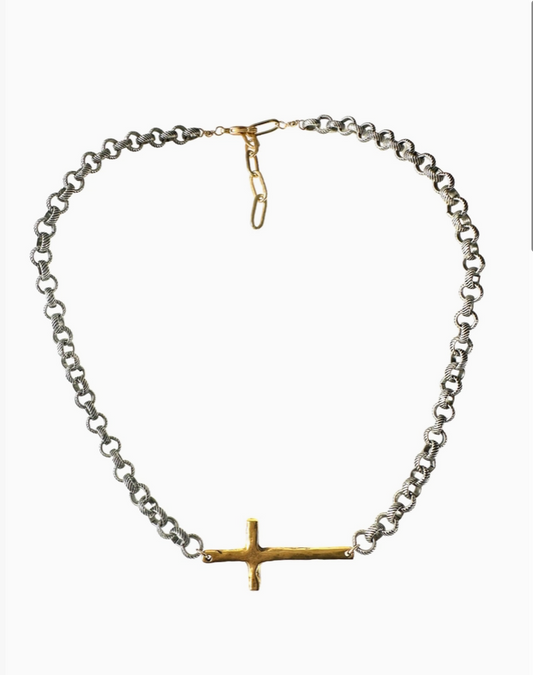 Silver Chain Gold Cross Necklace - Bella Boutique