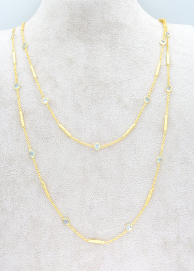Long blue topaz necklace with textured tube spacers - Bella Boutique