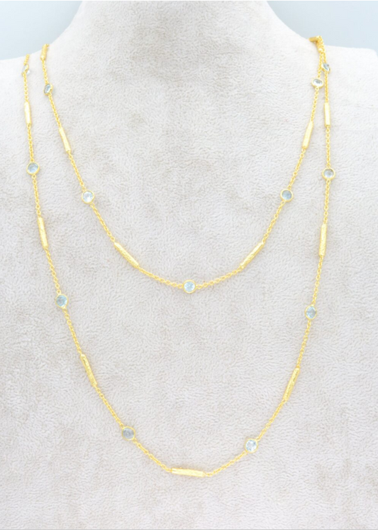 Long blue topaz necklace with textured tube spacers - Bella Boutique