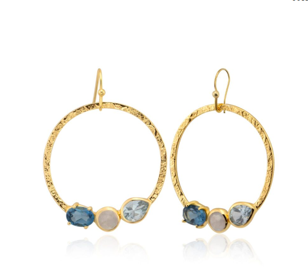 Hammered hoops with blue topaz and moonstone - Bella Boutique