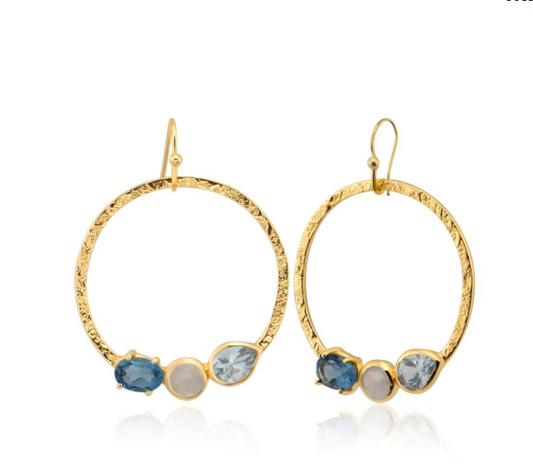Hammered hoops with blue topaz and moonstone - Bella Boutique