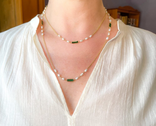 Gold necklace with pearl and blue topaz accents - Bella Boutique