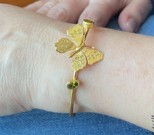 Gold Plated Butterfly Bangle with Green Cubic Zirconia - Bella Boutique