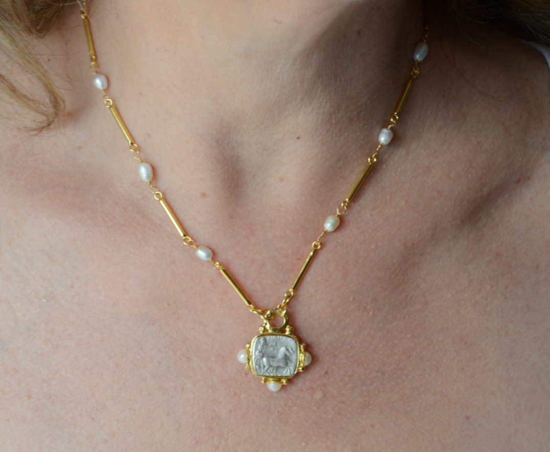Gold plated Roman Coin necklace with pearl accents - Bella Boutique