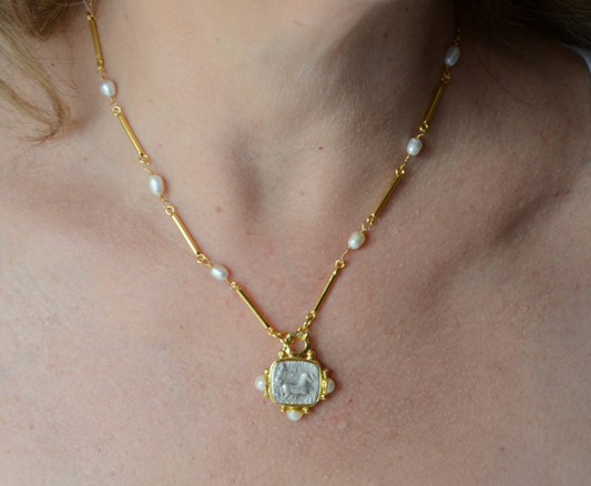 Gold plated Roman Coin necklace with pearl accents - Bella Boutique