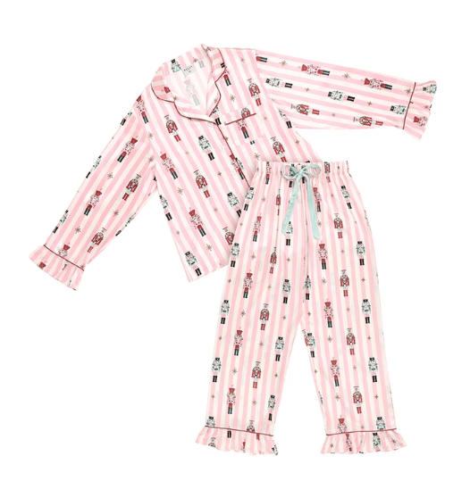 Ruffled PJ Set with Velvet Tie - Pink Stripes + Nutcrackers - Bella Boutique