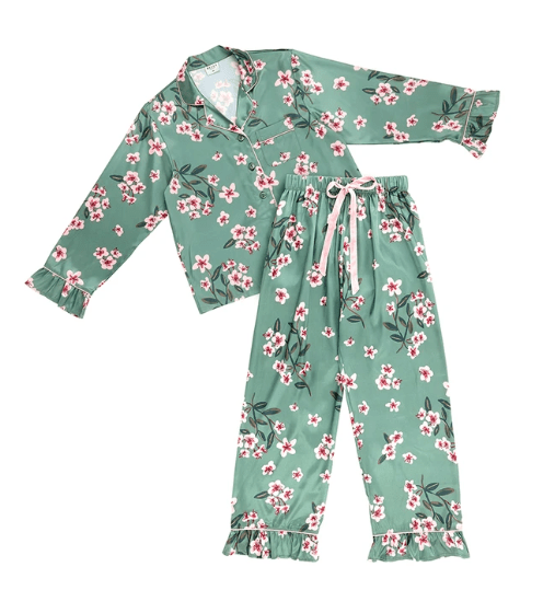 Ruffled PJ Set with Velvet Tie - Green + Cherry Blossoms - Bella Boutique