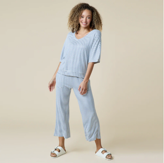 Dream Relaxed Vneck Capri Lounge Set Sky Blue Stripe - Bella Boutique