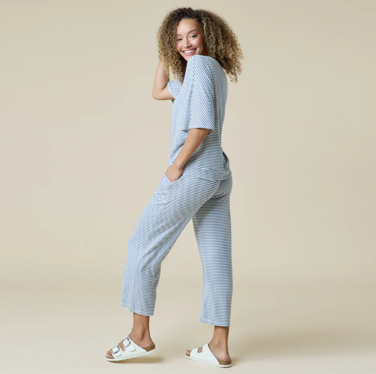 Dream Relaxed Vneck Capri Lounge Set Sky Blue Stripe - Bella Boutique
