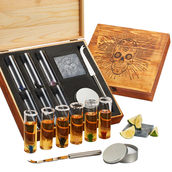 Tequila Shot Glass & Salt Gift Set for Men & Women | Six Agave Shot Glasses, Knife For Limes, One Skull Coaster, One Salt Tin | Skeleton Mahogany Wood Box Package For Tequila, Liquor Lovers