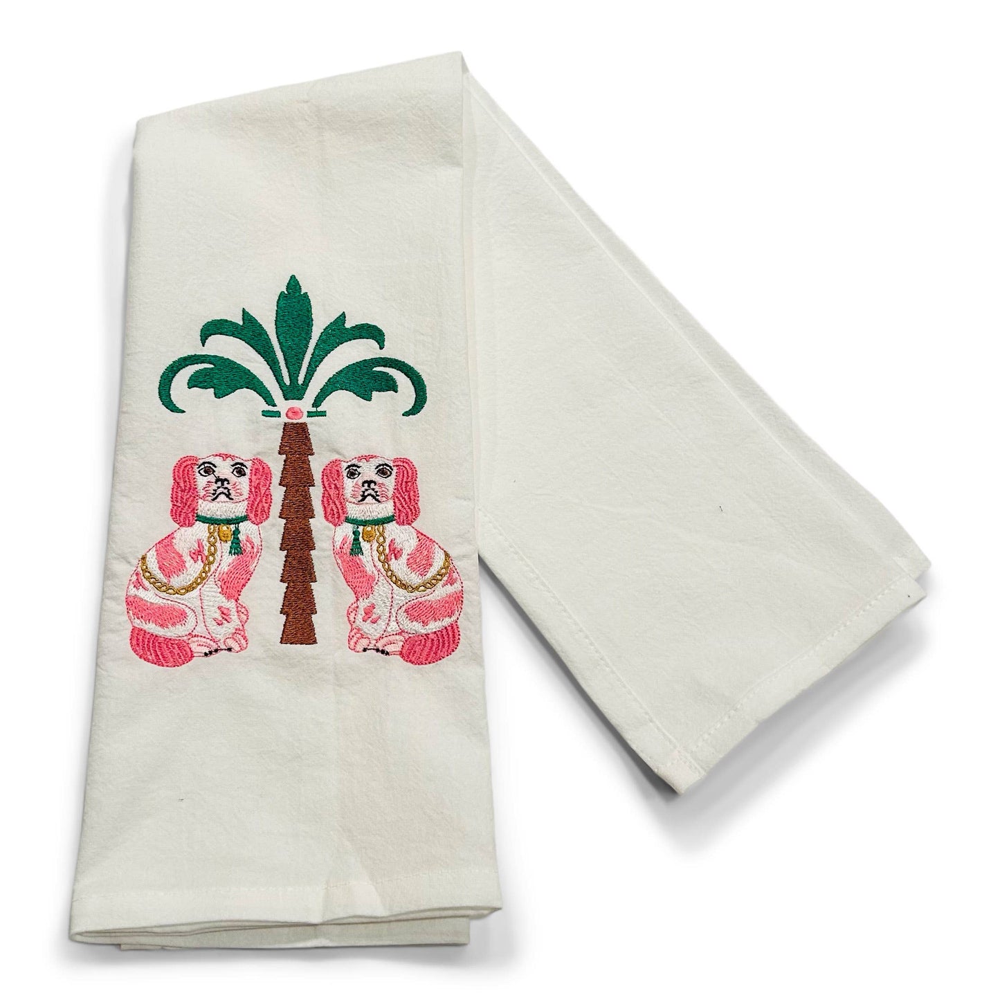 Towel - Staffordshire Dogs with Palm Tree on White - Bella Boutique