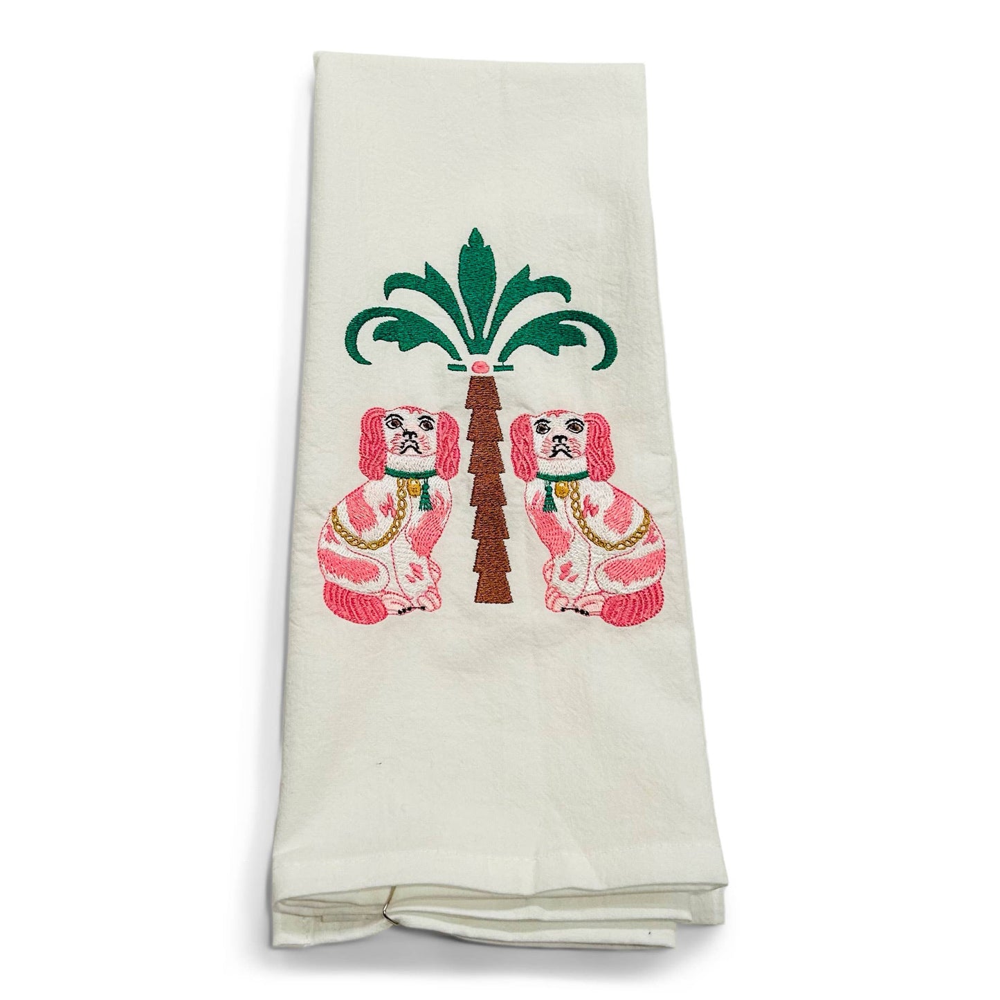 Towel - Staffordshire Dogs with Palm Tree on White - Bella Boutique