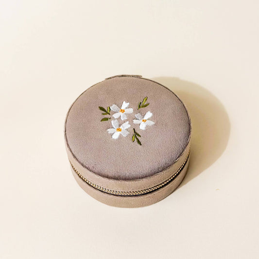 Round Velvet Jewelry Case-Floral Tan - Bella Boutique