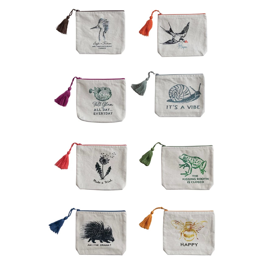 Cotton Printed Zip Pouch w/ Saying, Image & Tassel